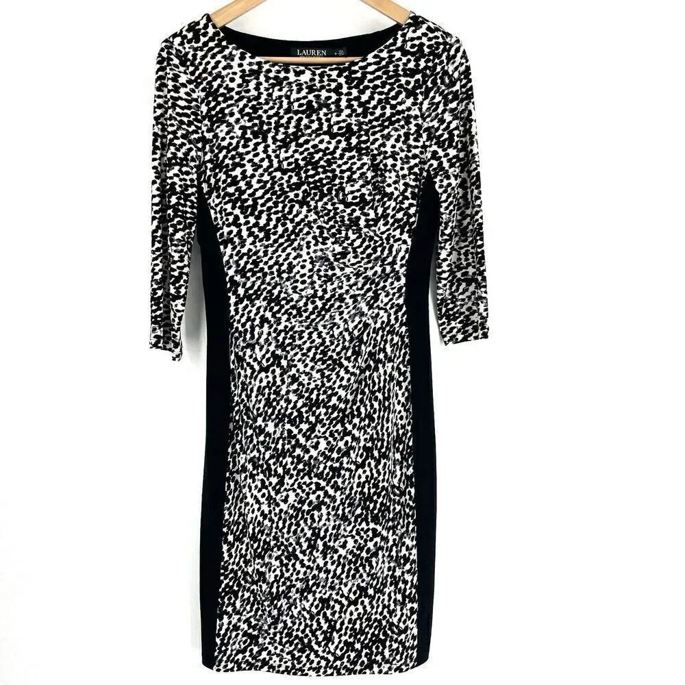 Lauren Ralph Lauren Sheath Dress Size 6 Womens Black White Leopard Print Stretch